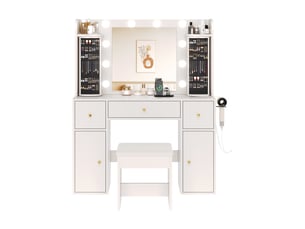 Coiffeuse avec miroir led dimmable et rangement bijoux rotatif, table de maquillage blanche 115x40x142 cm