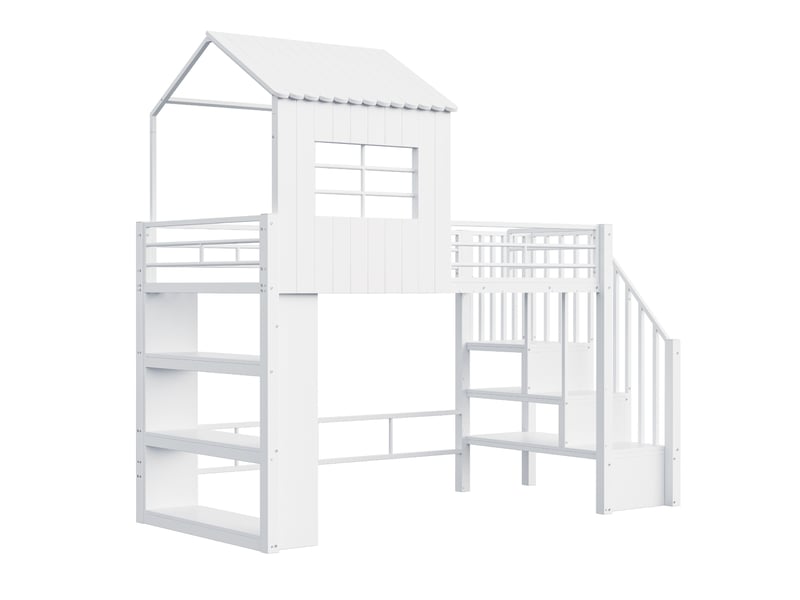  Lit mezzanine en fer forgé 90×200 cm, style maison, barrière de sécurité haute, étagère de rangement à plusieurs niveaux, escalier sécurisé (montage possible à gauche ou à droite), lit simple et enfant, blanc  - Conforama D
