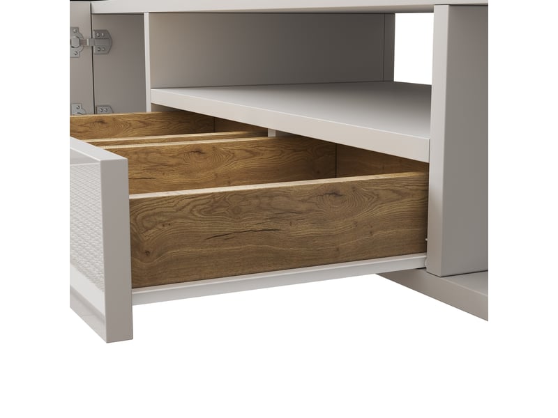  Meuble tv 145x30x51 cm avec 6 portes et 2 tiroirs, bois et blanc  - Conforama E