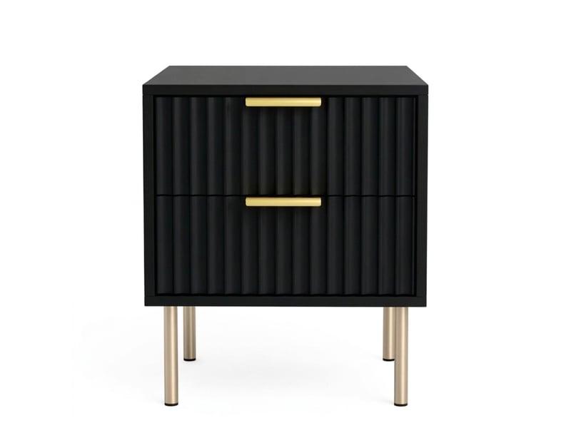  Table de chevet noire avec 2 tiroirs, façade cannelée et pieds en acier, 40x39x48 cm  - Conforama A