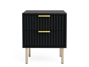 Table de chevet noire avec 2 tiroirs, façade cannelée et pieds en acier, 40x39x48 cm