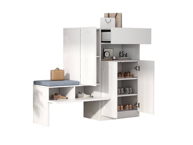 Meuble à chaussures 2 en 1, avec banc rembourré, niche ouverte et étagères réglables, fermeture douce, blanc, 130 x 35 x 110 cm - Conforama A