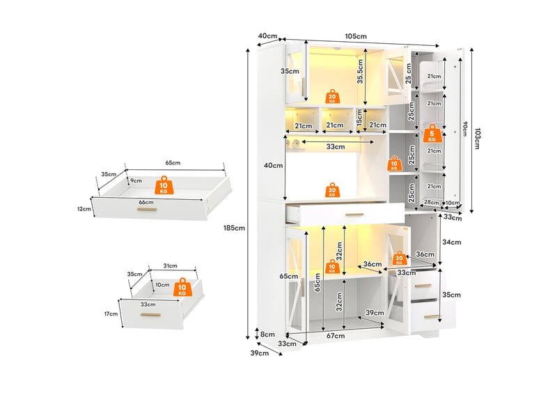 Meuble haut style grange 105 cm - étagères réglables, led changeante, prises - 185x105x40 cm - Conforama D