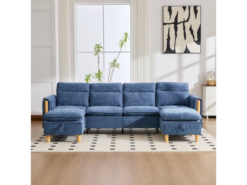 Canapé en u avec deux poufs, canapé modulable quatre places bleu en tissu chenille, rangement intégré pour salon familial - Conforama W