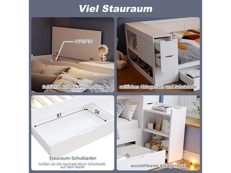  Lit multifonctionnel pour enfants - 140x200 cm - rangement intégré - tiroirs et étagères - tables de chevet incluses CYQ-N634W0025W - Conforama W