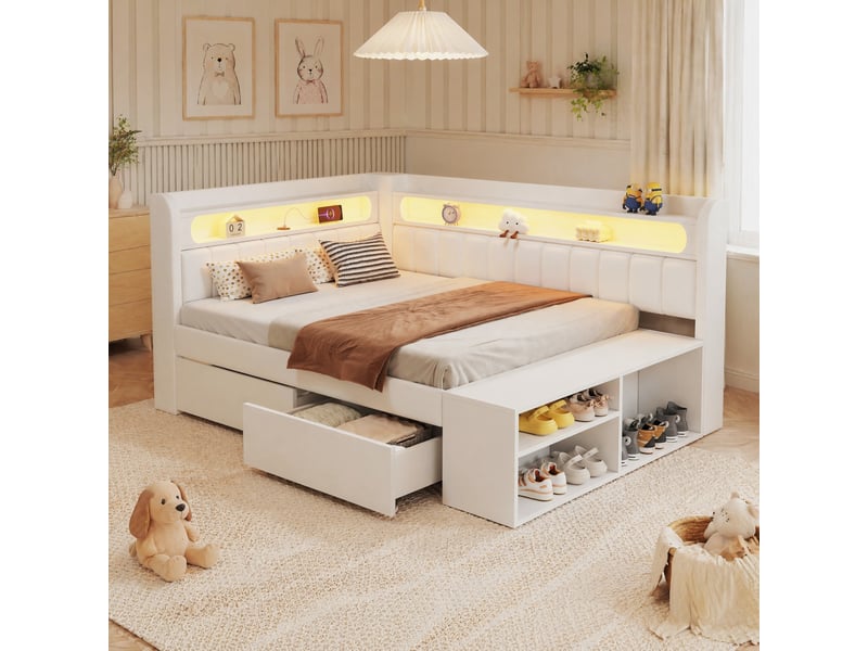  Modenvie lit banquette 90x200 cm - avec led, ports usb et 2 tiroirs - avec meuble à chaussures - blanc  - Conforama B