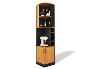 Meuble d’angle bar à vin 40x40x182 cm haut, mdf noir, avec support à verres, rangements et placard
