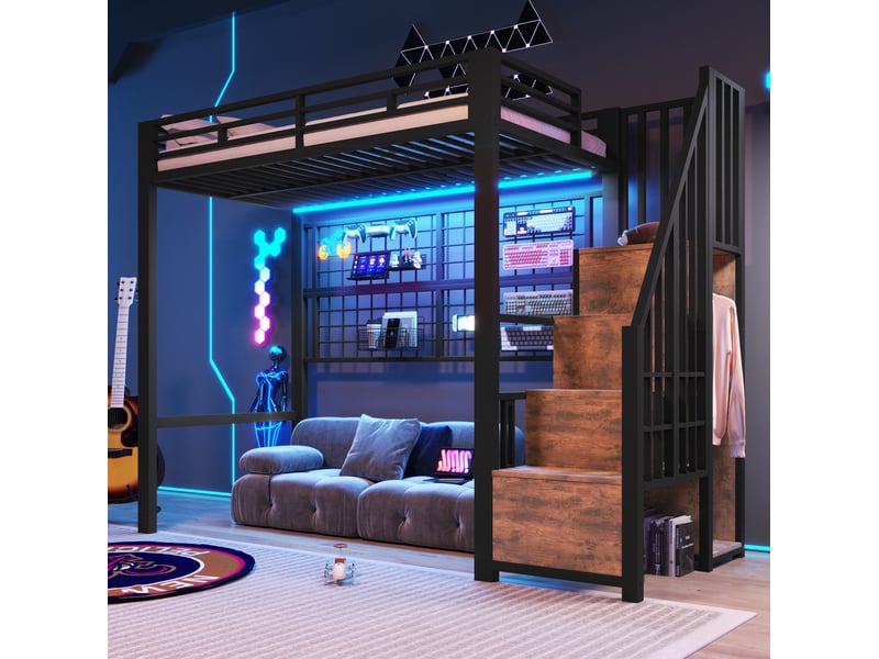  Modenvie lit mezzanine 90x200 cm - avec penderie echelle, rangement suspendu, sans matelas - noir  - Conforama E