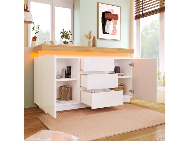 Buffet 140 cm, 2 portes, 3 tiroirs, éclairage led, étagères réglables, façade brillante, mdf, rangement pour séjour ou chambre - blanc C-DEGAYUN - Conforama C