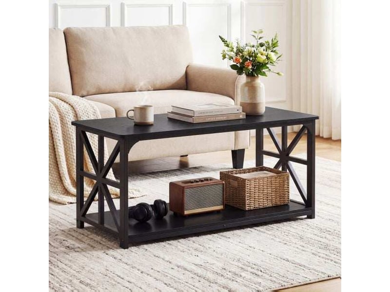  Table basse avec rangement étagère ouverte structure métal en x 109x50x48cm noir pour salon et appartement  - Conforama B