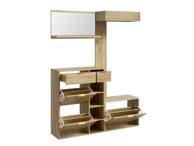  Ensemble vestiaire d’entrée 4 pièces, meuble à chaussures, banc, miroir mural et panneau, rangement complet, 130x30x174 cm  - Conforama A