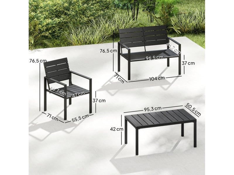  Salon de jardin 4 places 104x71 cm – noir – canapé 2 places, 2 fauteuils, table basse à lattes hdpe  - Conforama C