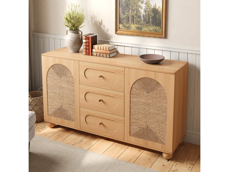  Buffet naturel 140 × 40 × 80 cm, en mdf et aggloméré, avec 2 portes et 3 tiroirs, portes tressées en corde  - Conforama D