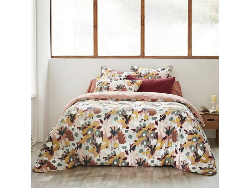  Housse de couette reversible 140x200 cm gaze de coton loana rose foncé PD25029 - Conforama D