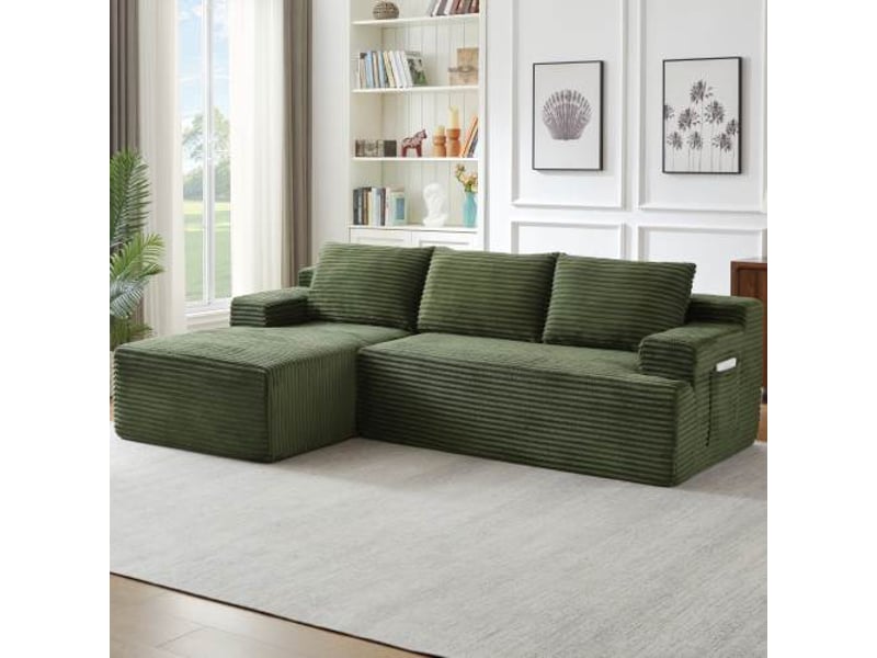 Canapé d’angle l (à gauche) modulable 4 places 238 x 152 x 66 cm, assise profonde, convertible et sans montage, velours côtelé, vert OMNIGLINT TRADING LTD - Conforama C