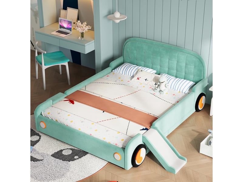  Lit voiture 140x200 cm, lit enfant, escalier, toboggan, barrière antichute, velours bleu-vert  - Conforama C