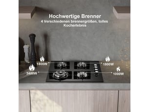 Plaque de cuisson gaz 4 feux, plaque gaz 60 cm en verre trempé noir, 8000 w, encastrable ou posable, gaz naturel et propane