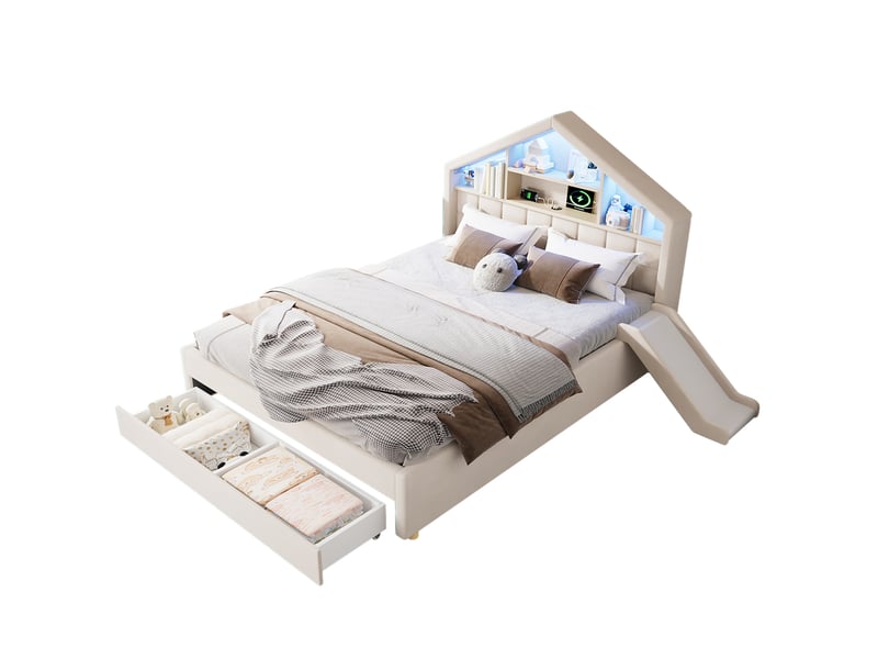  Lit cabane enfant 140x200 cm avec toboggan, led, prise de charge et coffre de rangement, beige, sans matelas  - Conforama A