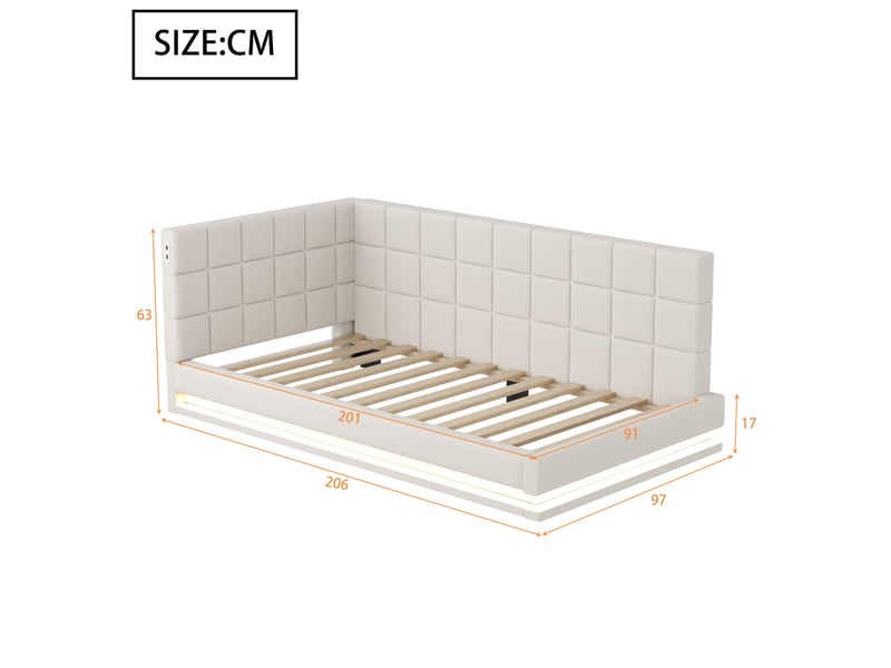  Lit banquette enfant 90 x 200 cm avec led, usb et sommier à lattes, lin, beige Fay Lum - Conforama C