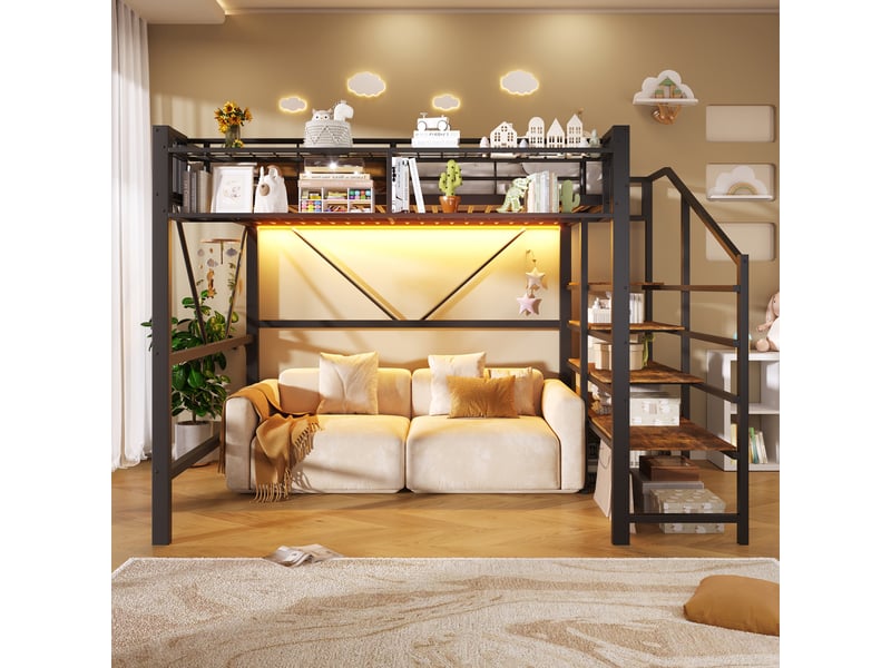 Lit mezzanine 140 x 200 cm en métal et mdf noir, avec rangement ouvert, étagères et éclairage led réglable  - Conforama D