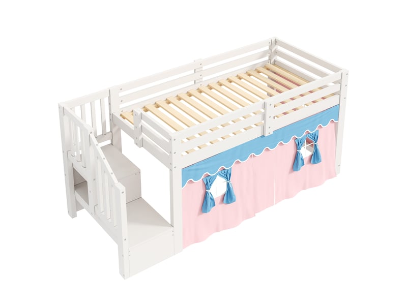 Lit mezzanine enfant simple 90×200 cm avec espace ouvert, led réglable et rideaux - okmyhome- blanc, sans matelas - Conforama A