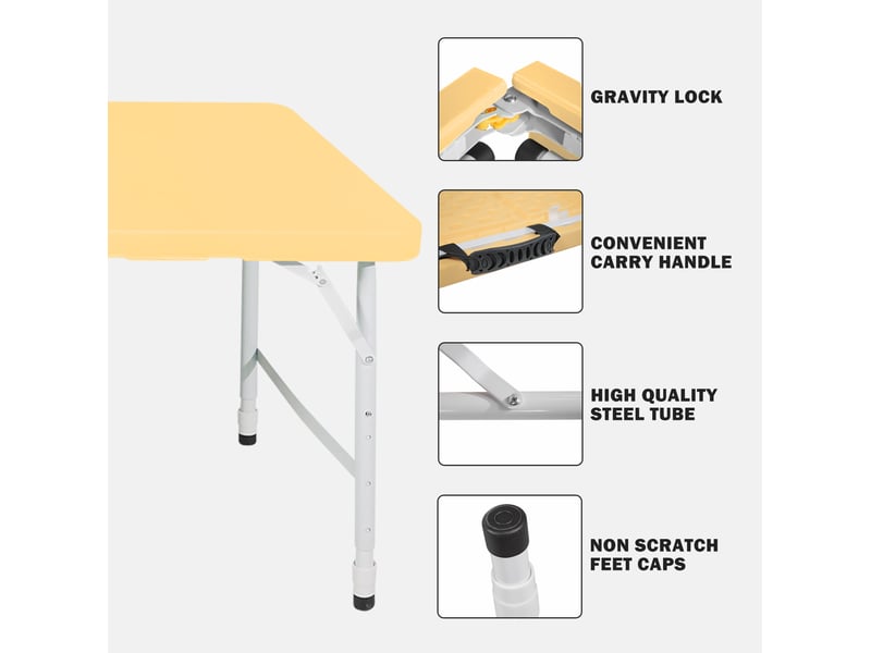 Table pliante portable 125x61 cm – jaune clair – hauteur réglable 58-74 cm avec poignée de transport - Conforama E