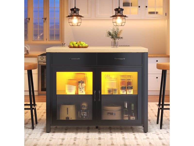  Îlot de cuisine noir avec éclairage led, table de bar avec rangement et porte en verre, plateau texture bois, 100x80x90cm  - Conforama E