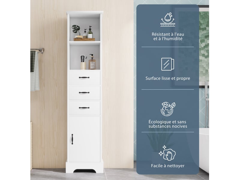 Meuble de salle de bain 38x26x172,5 cm avec ses 3 tiroirs, rangement ajustable, armoire de rangement, en mdf blanc - Conforama E