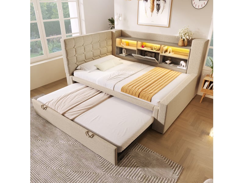 Lit gigogne rembourré 90x200 cm avec couchage 90x190, led, sommier et rangement beige - Conforama D