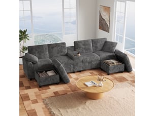 Canapé d'angle panoramique fixe <strong>DESVIAE</strong> <strong></strong> 4 places Velours côtelé gris avec coffre de rangement