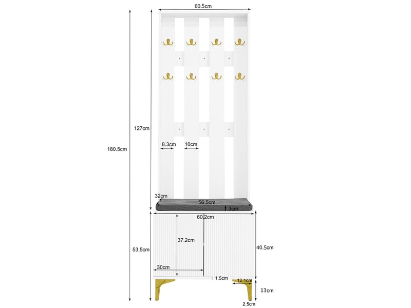  Ensemble vestiaire ulevr avec rangement, meuble à chaussures 2 tiroirs et 2 portes, patères dorées, panneau de particules blanc  - Conforama C