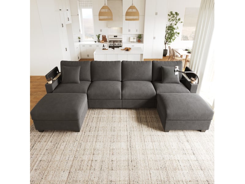  Canapé modulable convertible en u 6 places gris en velours côtelé avec repose-pieds  - Conforama D