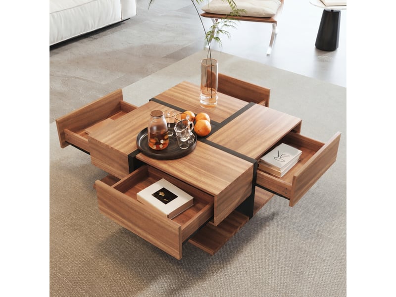  Table basse carrée noire et effet bois avec 4 tiroirs et étagère inférieure, 78 x 78 x 36 cm  - Conforama B