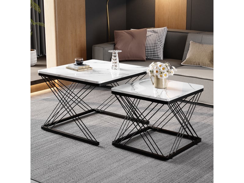  Lot de 2 tables basses carrées effet marbre brillant - pieds réglables en hauteur - charge 30 kg  - Conforama E