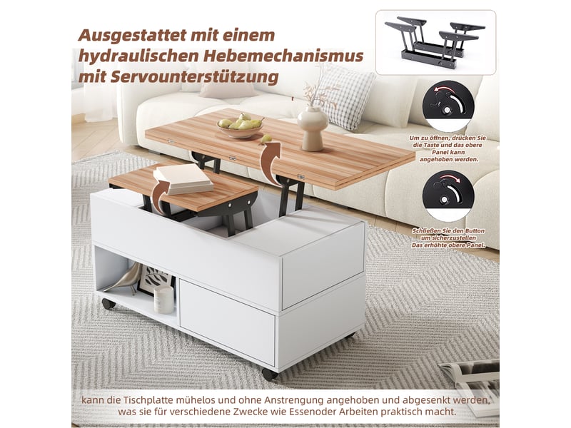  Table basse relevable, avec 4 tiroirs, 2 niches, roulettes et plateau extensible, pour salon, 100×50×52 cm  - Conforama C