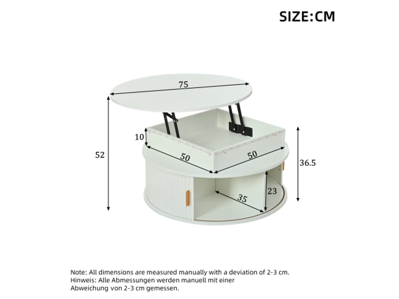  Table basse ronde blanche, hauteur réglable, led – 75×75×52 cm, rangement caché, 2 coulissants, haute brillance  - Conforama C