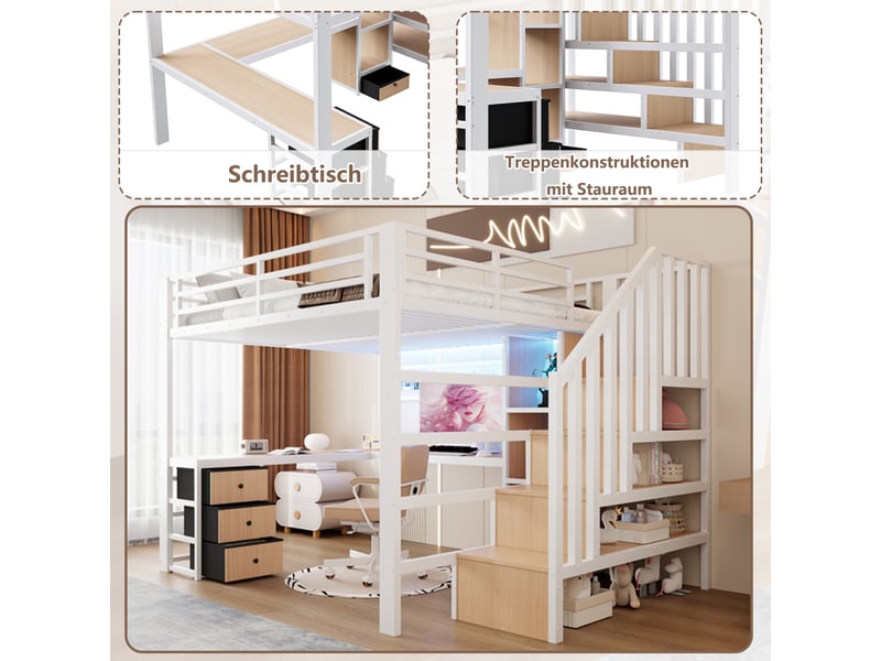  Lit mezzanine 140x200 cm avec étagère et 4 tiroirs, lit enfant avec bande lumineuse led et bureau, structure en fer, blanc  - Conforama E