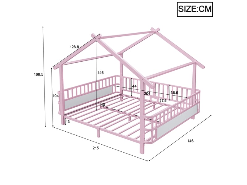 Lit enfant maison 140x200 cm, lit cabane, barrières sécurité, chambre, style contemporain, métal, rose, sans matelas  - Conforama C