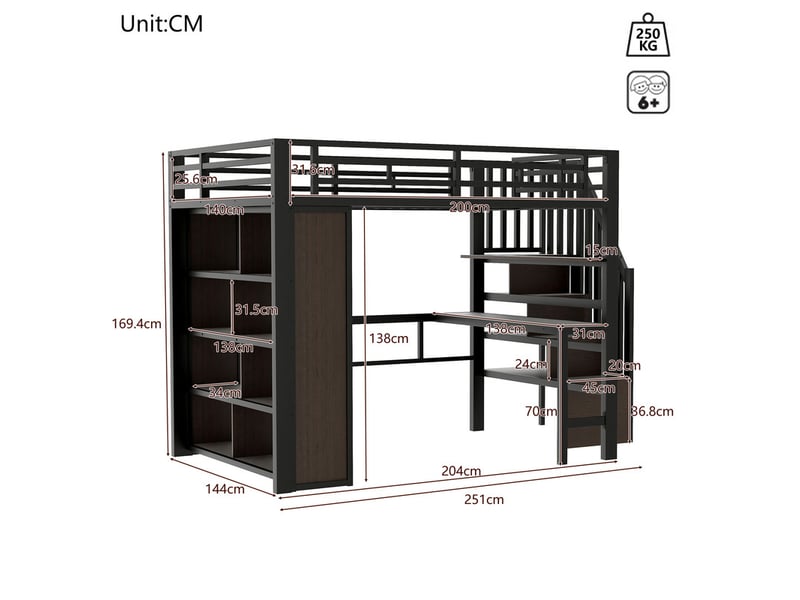 Lit mezzanine 140 x 200 cm, avec bureau, étagère, bande lumineuse led, escalier avec rangements, sans matelas, noir - Conforama C