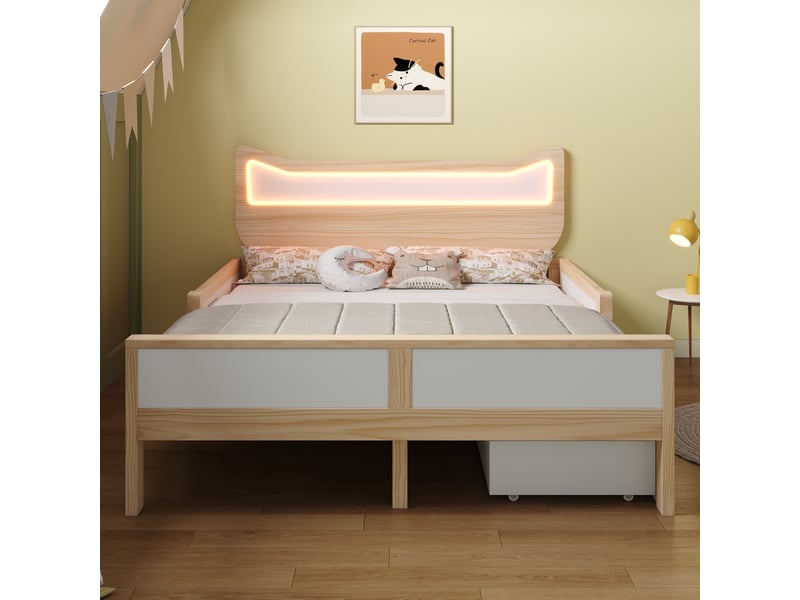 Lit enfant 140 x 200 cm avec tiroir et led rgb, pin et mdf, blanc et décor chêne - Conforama B