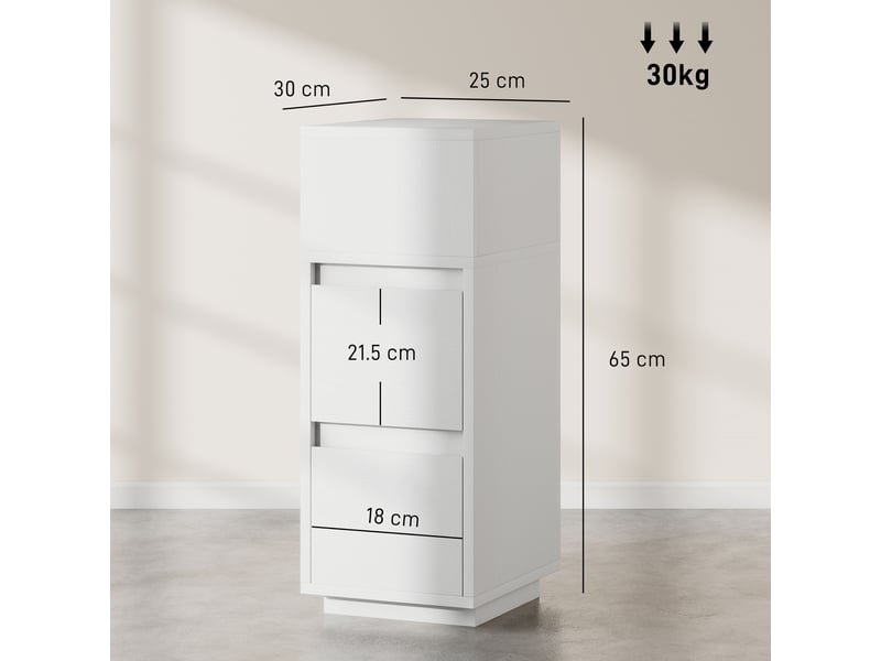  Ensemble de 2 tables de chevet modernes et peu encombrantes avec 2 tiroirs et un compartiment ouvert, 25 x 30 x 65 cm, blanches  - Conforama E