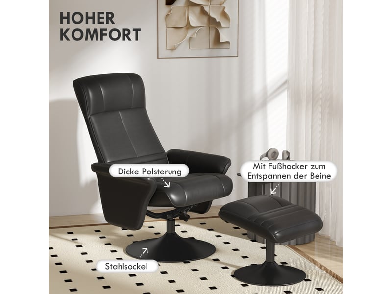 Fauteuil relax avec pouf, pivotant à 360° et dossier inclinable à 135°, larges accoudoirs en microfibre noire - Conforama E