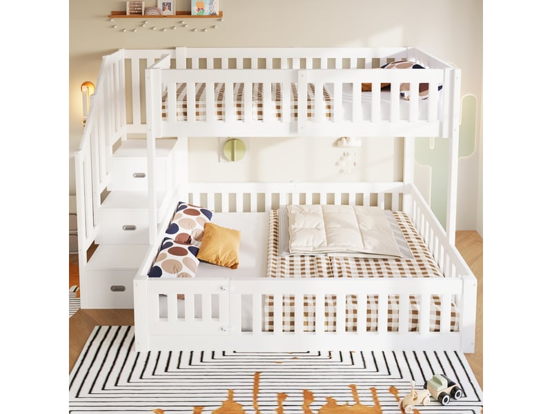  Lit superposé 3 places 90 x 200 et 140 x 200 cm avec escalier de rangement, lit enfant en pin blanc avec garde-corps et petite porte  - Conforama C