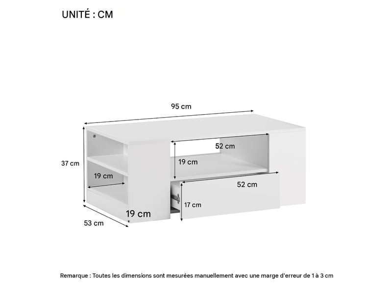  Table basse led avec 2 tiroirs en panneau de particules blanc brillant 95x53x37 cm - pangivo  - Conforama C