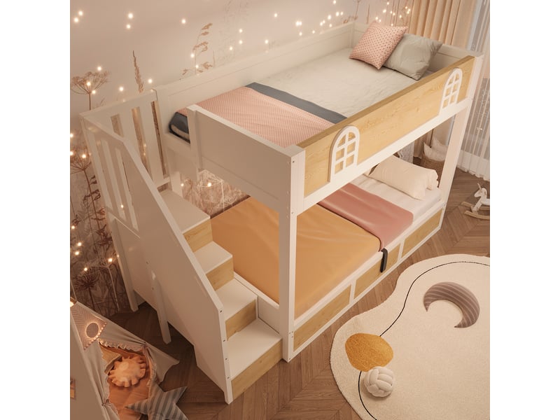  Lit superposé enfant 90x200 cm avec escalier de rangement lit double blanc et bois nature gain de place  - Conforama B
