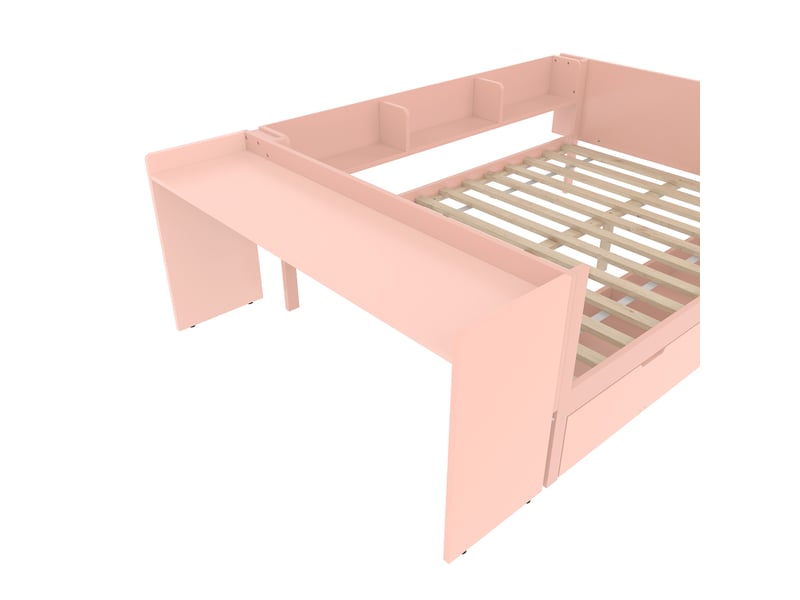  Lit double 140x200 en bois de pin avec bureau intégré et 2 tiroirs - rose  - Conforama R