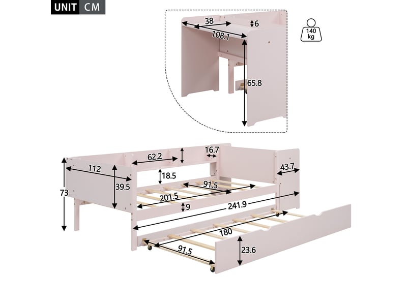  Lit enfant rose 90x200 avec bureau intégré et lit gigogne avec lit d'appoint  - Conforama C