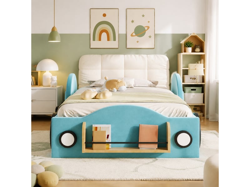 Lit enfant 90 × 200 cm avec sommier relevable hydraulique, rangement, poches latérales et étagère à livres, bleu - Conforama B