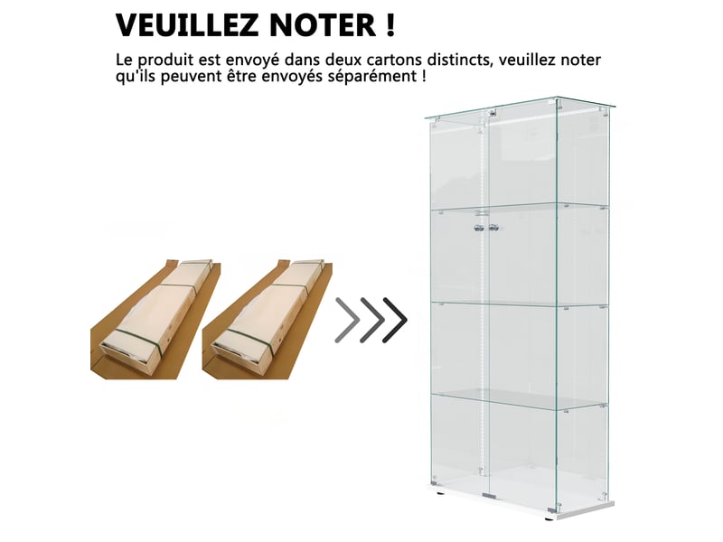  Vitrine en verre 4 niveaux double porte - 78,5 x 36,5 x 163 cm - blanc - grande armoire d'exposition avec ruban led et base blanche  - Conforama D