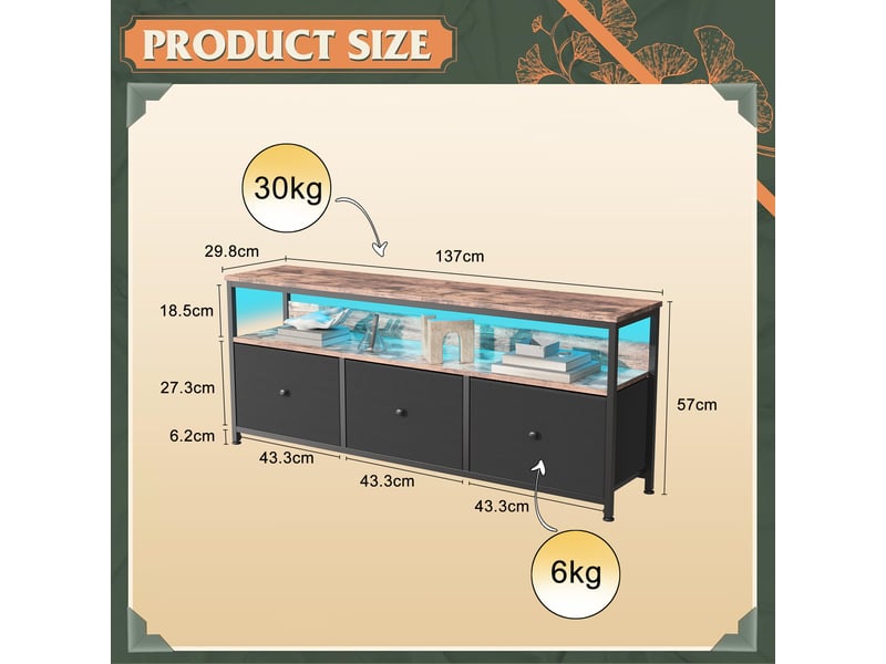  Meuble tv led 137cm meuble télé avec 3 tiroir en tissu et étagères ouvertes, cadre en acier, banc tv salon, chambre, noir  - Conforama C
